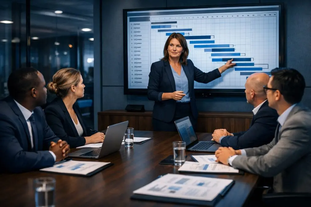 PMO Company project director leads governance meeting